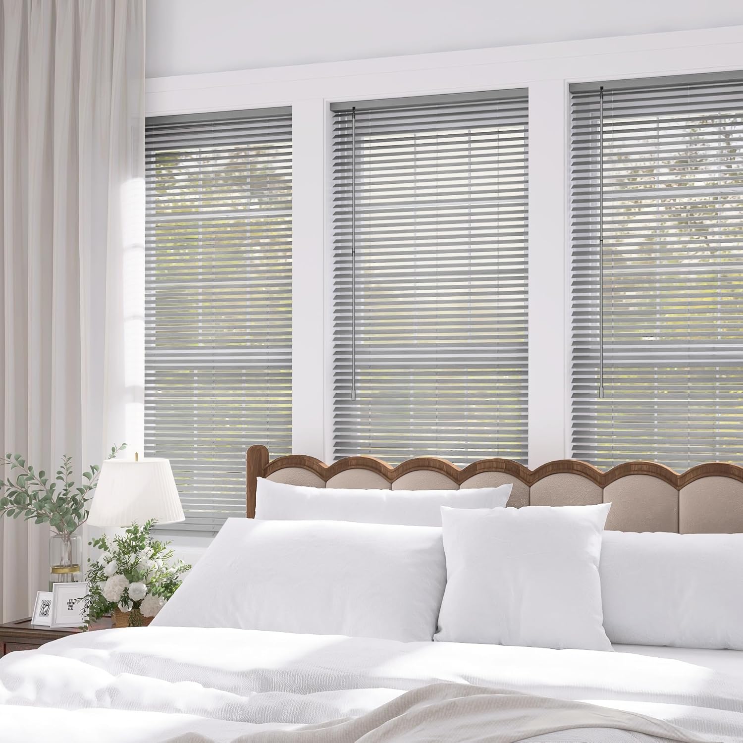 Cordless Aluminum Blinds for Window, Room Darkening 1 inch Mini Horizontal Blinds with Anti-UV, Light Adjustment Waterproof Easy Installation for Home, Office, Glossy Silver