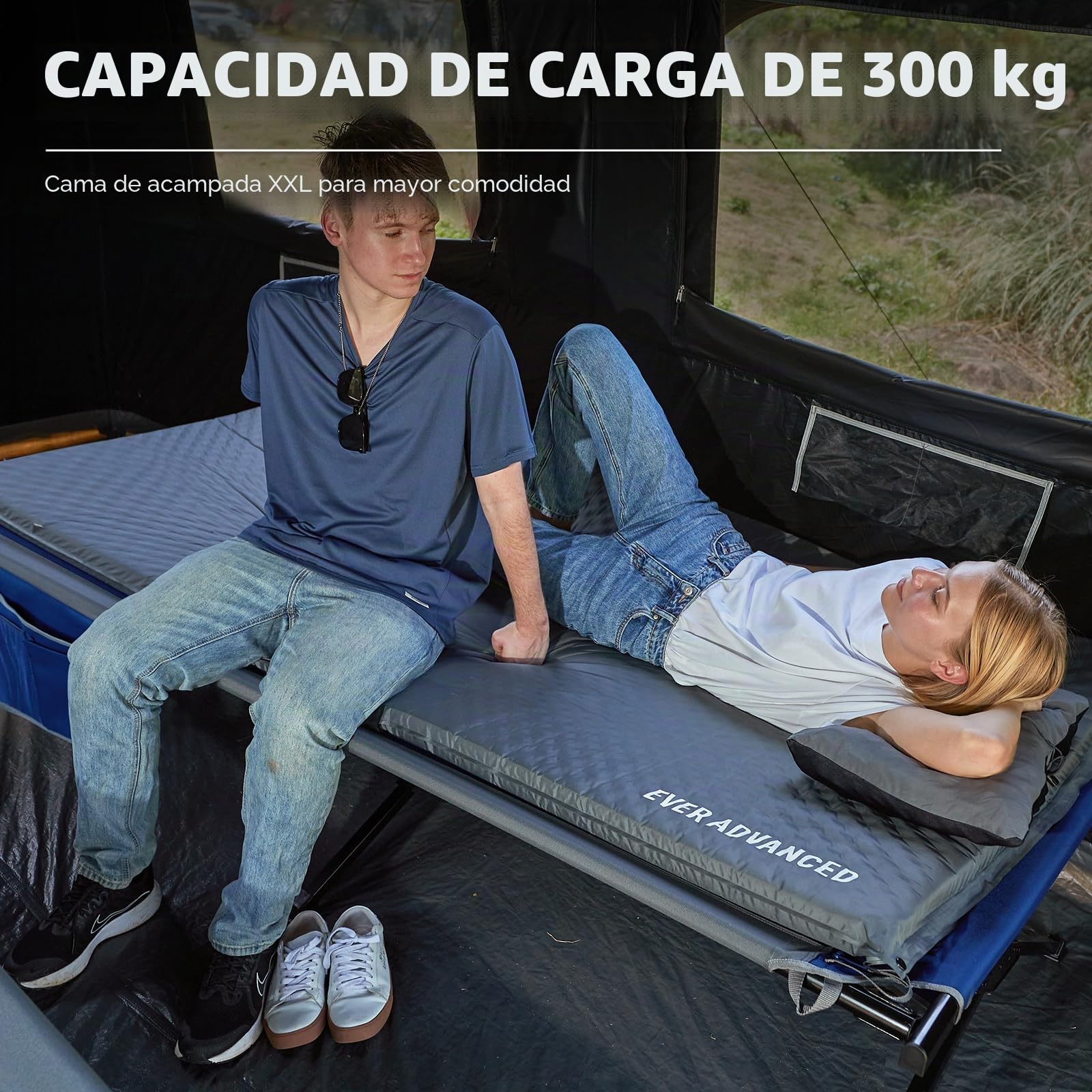 EVER ADVANCED Cama de Camping Plegable XXL 300 KG Capacidad de Carga Cama Plegable Grande y Ancha 214 cm x 106 cm Cama de Camping Estable para Acampada, Viajes, Interior, Exterior, Playa y jardín
