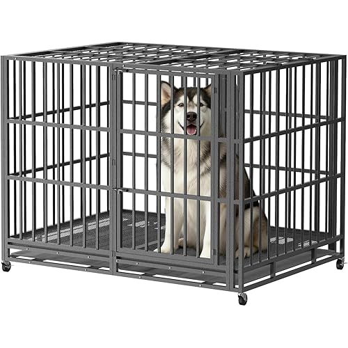 Heavy Duty Indestructible Dog Crate 54in with Removable Trays, Escape-Proof Double Door for High Anxiety Dog, Kennel with Lockable Wheels for Medium Large XL XXL Dogs