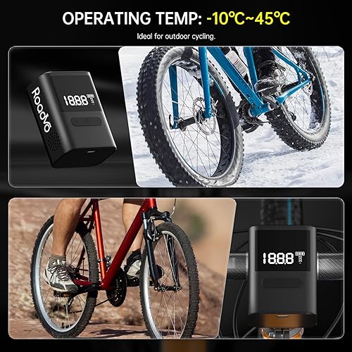 Miniatura 7 de Roadvo Mini bomba de neumáticos para bicicleta, bomba de aire eléctrica portátil de 120 PSI con medidor digital, inflador de neumáticos rápido con