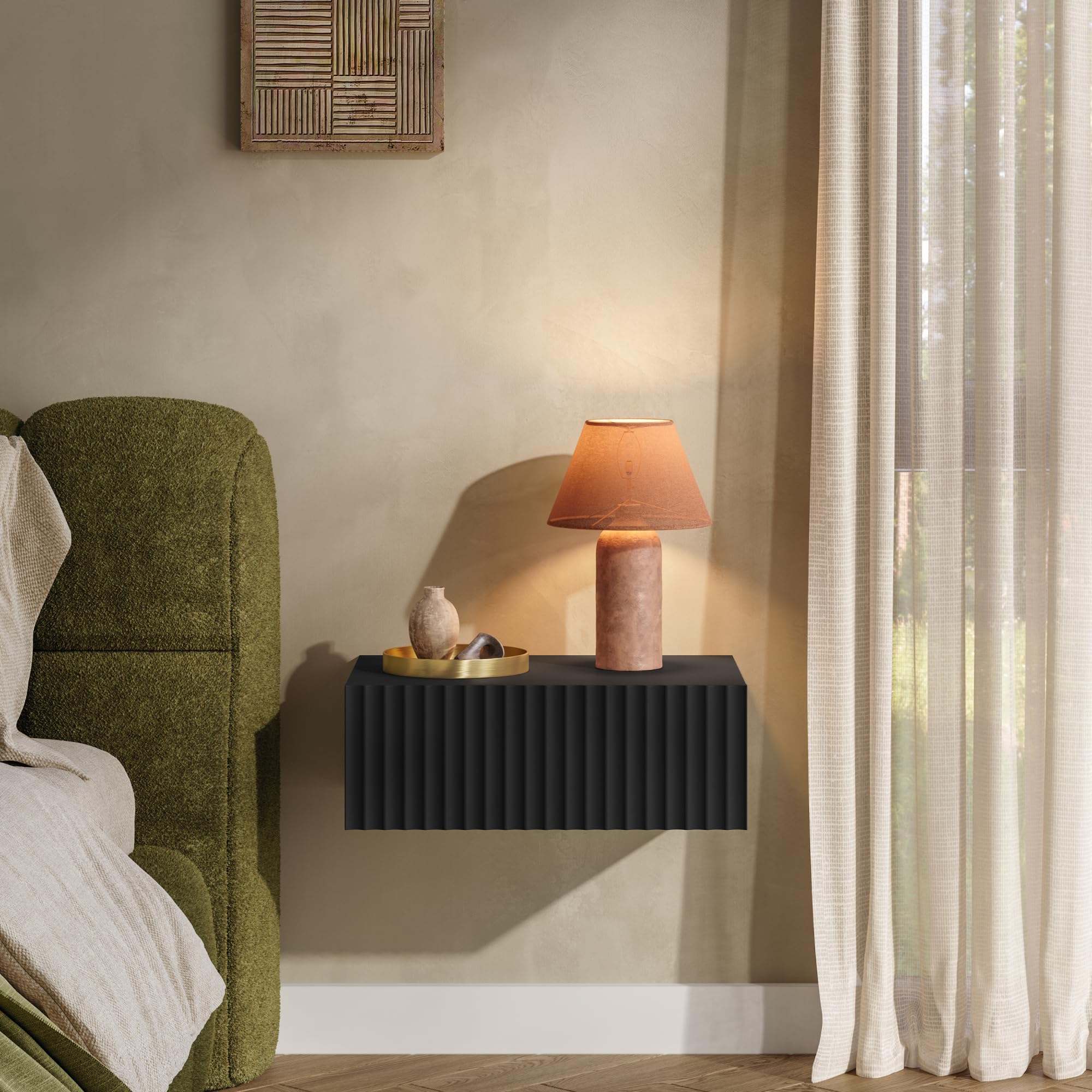 [en.casa] Nachttisch 2er Set hängend Nand 42x30x15 cm Schublade Schwarz | Nachtschrank, Nachtkästchen, Nachtkommode, Wandkonsole, Wandregal mit Schublade, Ablage, Wandmontage, gerillte Front