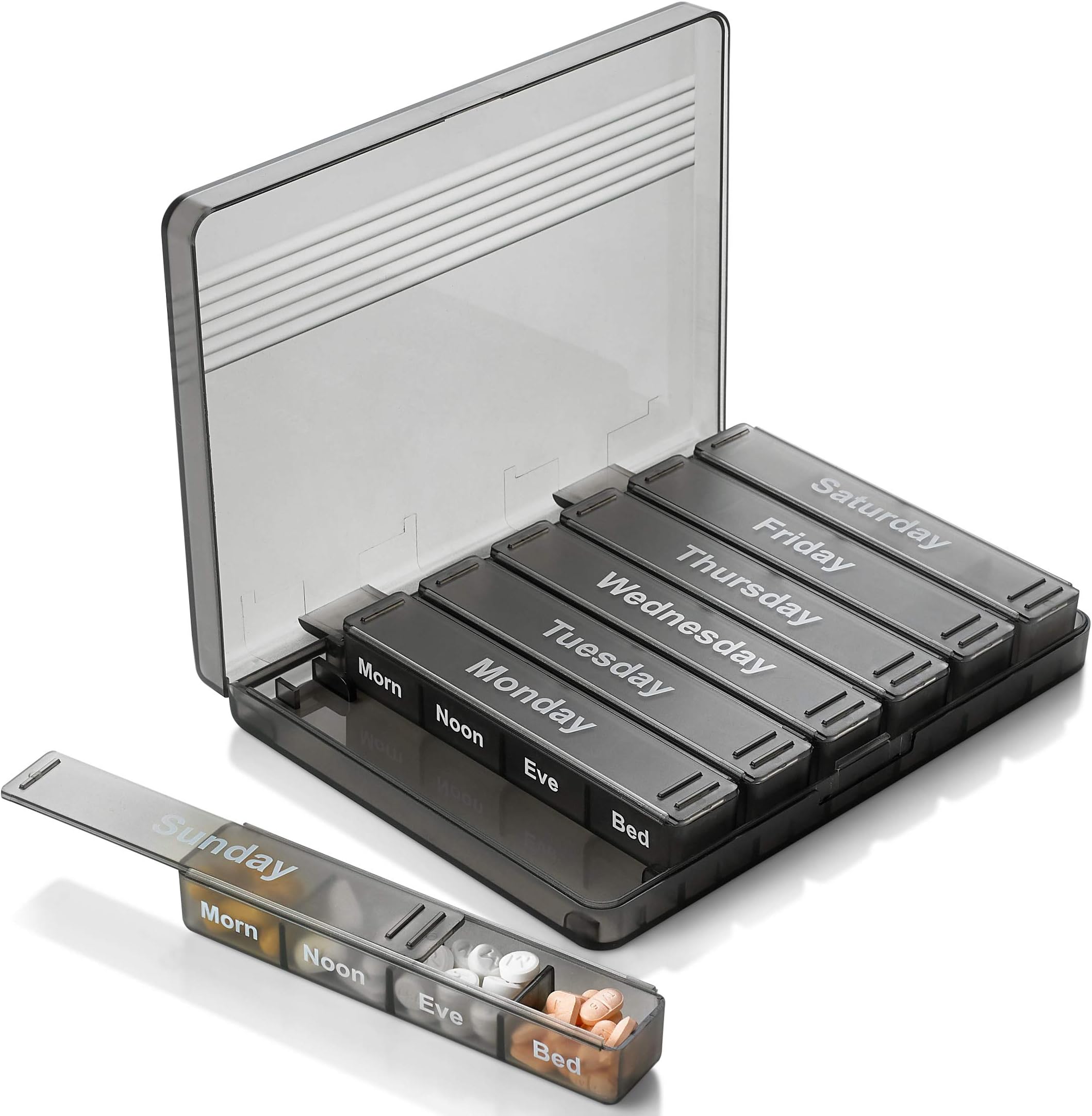 Weekly Pill Organizer - 7-Day Pill Case w/Removable Daily 4 Times-a-Day Pill Cases - Large AM/PM Medicine Pill Box for Medications Pills Vitamins & Supplements - Easy to Read Labels Monday to Sunday