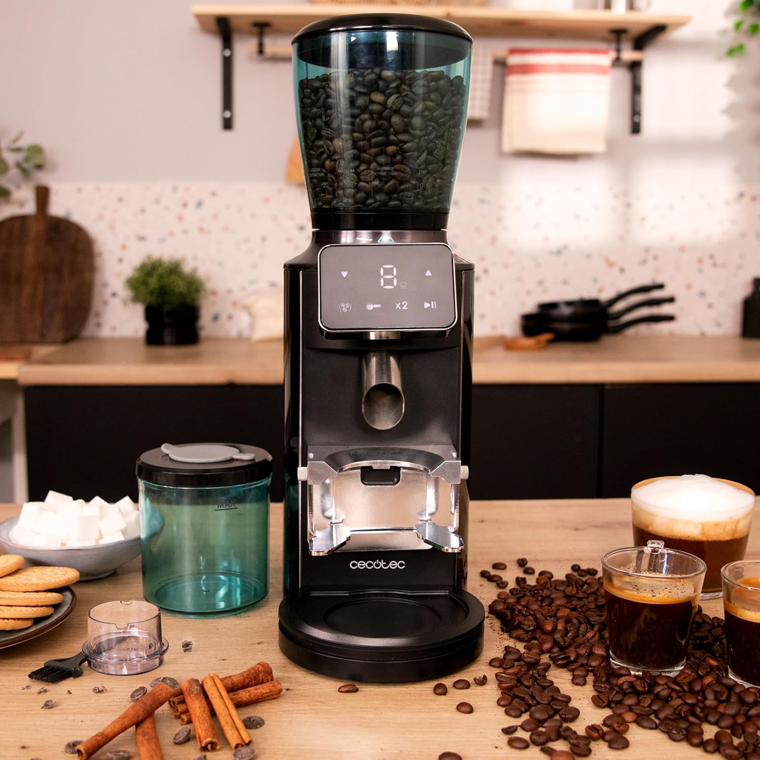 Cecotec coffee grinder set up in a kitchen environment