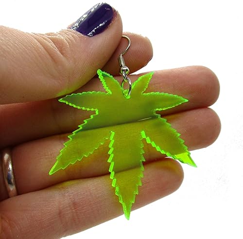 Miniatura 4 de Big Neon Green Pot Leaf Dangle Earrings, 420 Weed Marijuana Jewelry, Hypoallergenic Nickel Free Hooks