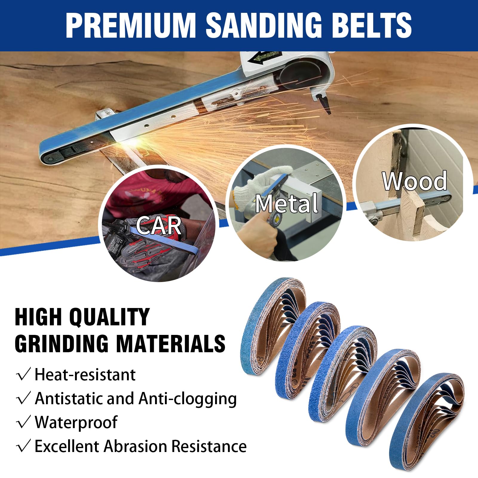 Lot de 40 bandes abrasives en oxyde de zirconium de 1,27 cm x 45,7 cm, pour ponceuse à bande pneumatique, 8 bandes abrasives de grain 40/60/80/120/240 pour le travail du bois, le polissage des métaux,