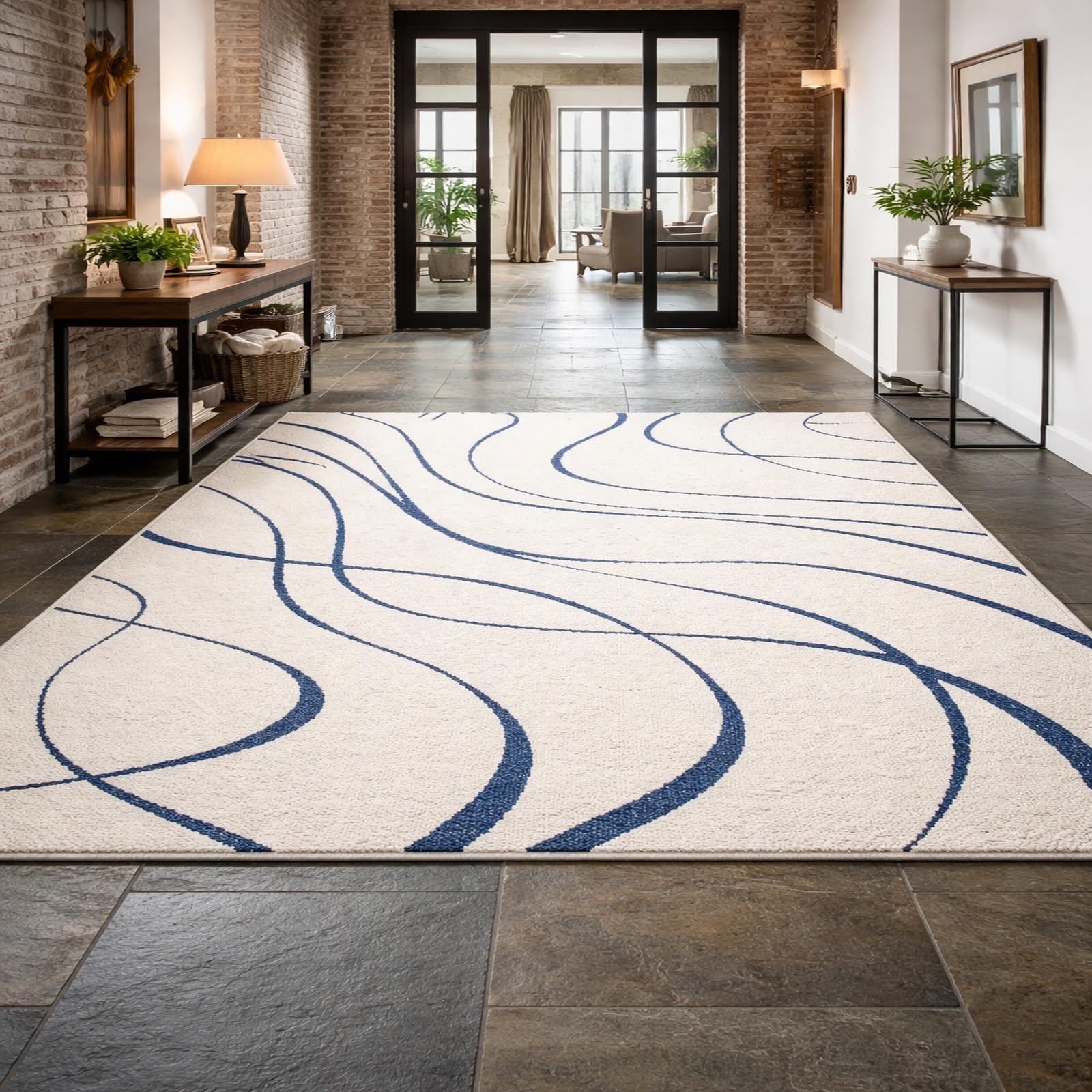 Tapis abstrait moderne beige et bleu 120x200 cm pour salon et chambre