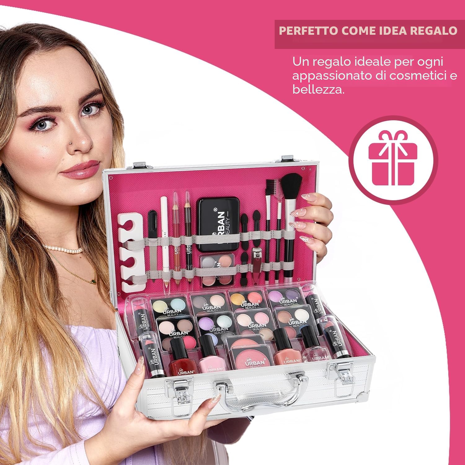 LOVE URBAN BEAUTY Trousse per trucchi – Set trucco da 64 pezzi per adolescenti – Elegante scatola d'argento – Design compatto e leggero – Set trucco da donna adatto ai viaggi