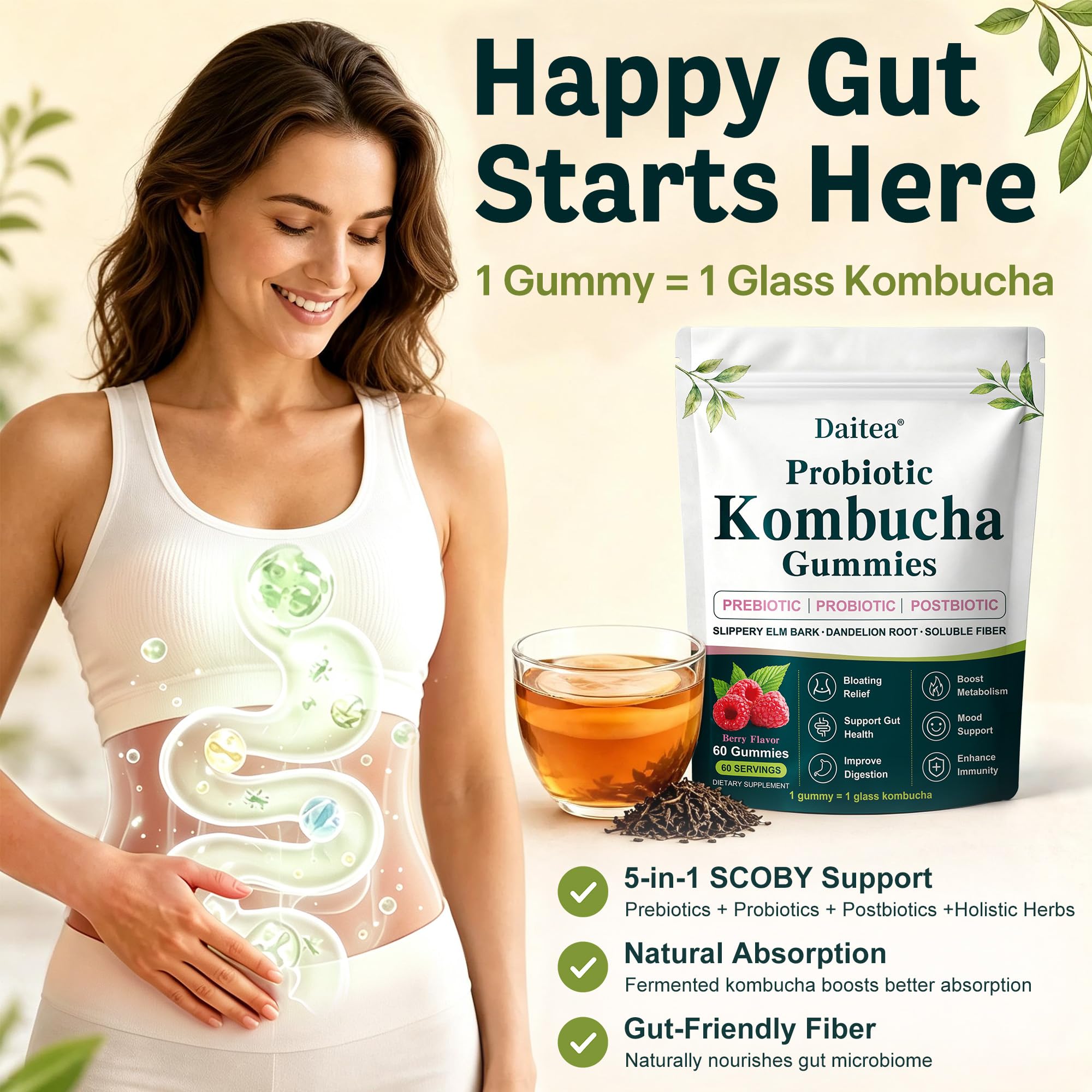 Probiotic Kombucha Gummies for Bloating, Digestive & Gut Health, 60 Gummies — Amazon image 6