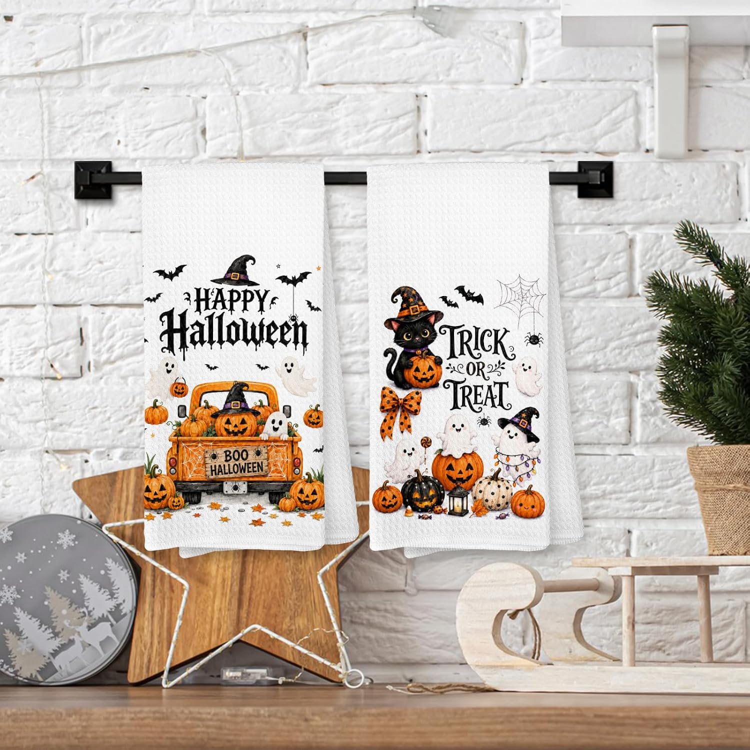 Happy Halloween Ghost Kitchen Dish Hand Towels 16x24 Inch Set of 2 image 2