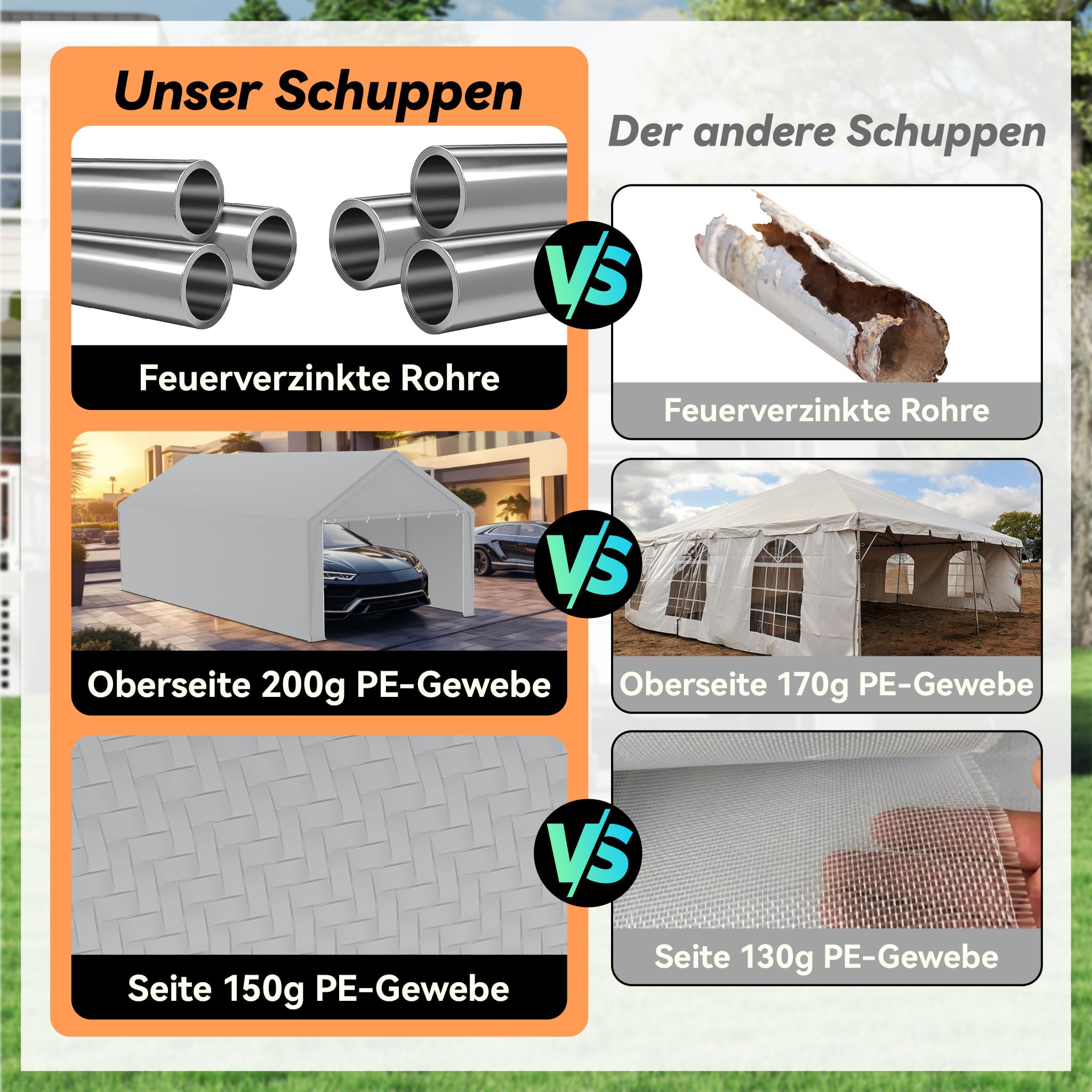 FIVMEN Carport, tente, 4 x 8 m, grande tente de garage, de rangement, avec parois latérales amovibles, résistant à l'hiver, mobile, pour voiture, SUV, camion, gris
