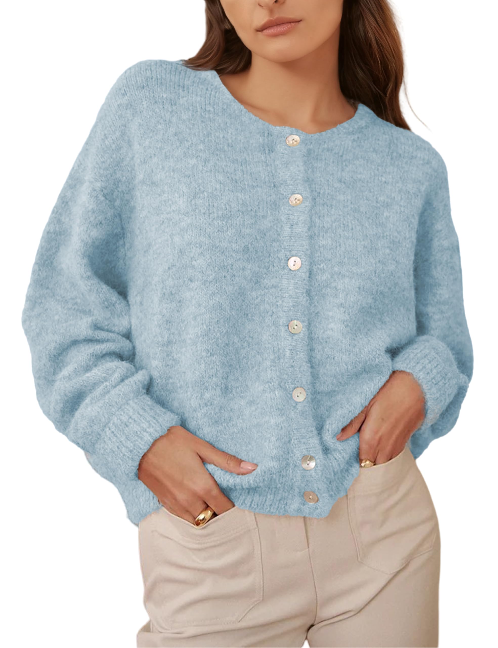 Womens Round Neck Button Down Long Sleeve Blouse Cardigan Loose Fit Knit Top Crewneck Sweater