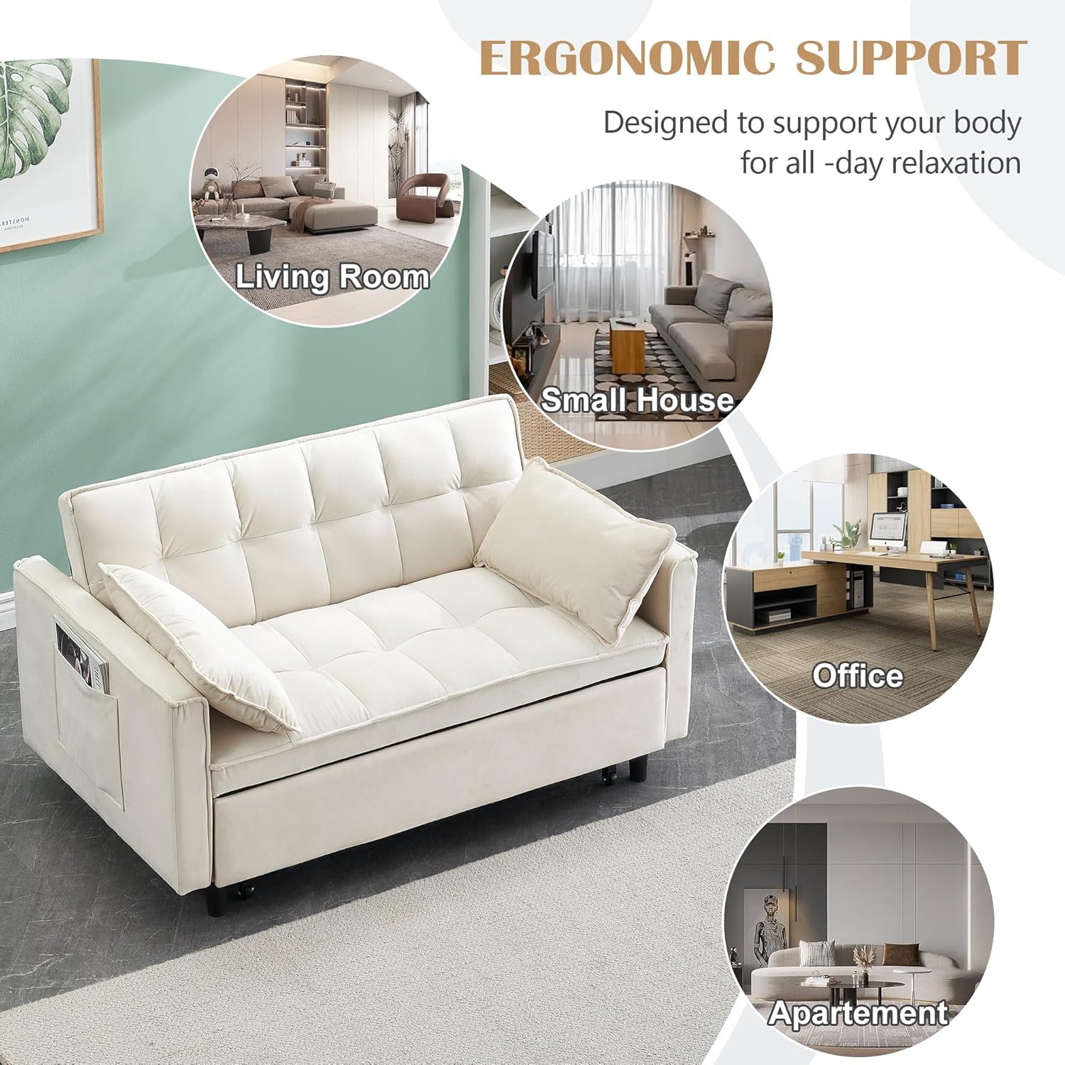 3 in 1 Convertible Sleeper Sofa Bed, Modern Velvet Loveseat Pull-Out Couch, Futon Love Seat Lounge Sofa with Pull-Out Bed & Adjustable Backrest and Side Pocket for Small Apartment, Bedroom