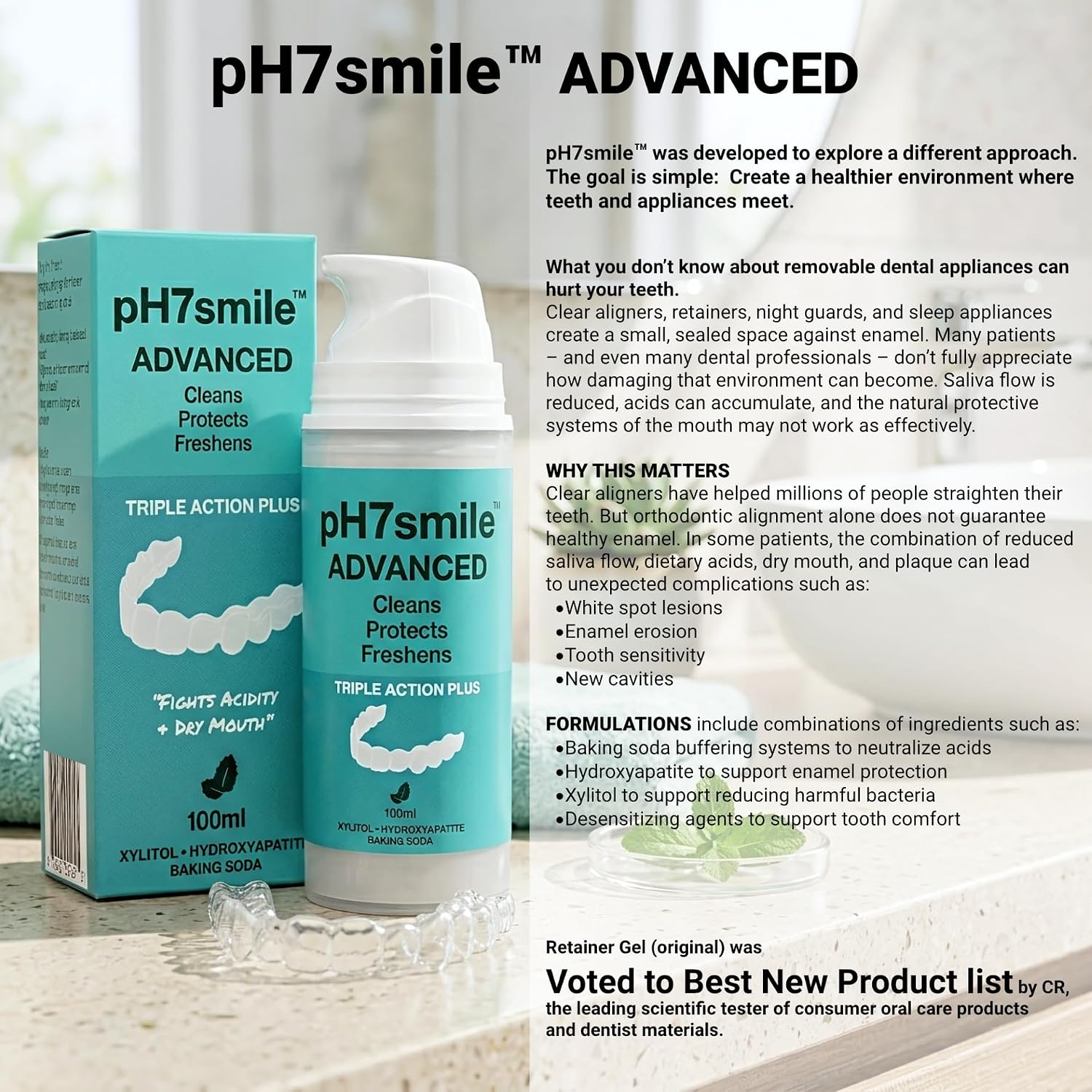 Advanced Protective Gel for Aligners, Retainers & Night Guards - Overnight Cleaning with Hydroxyapatite & Xylitol - 3.4 Fl Oz, Mint Flavor