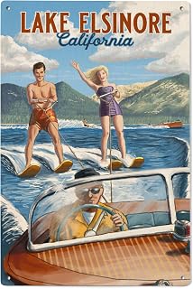 Lantern Press 6x9 Inch Wood Sign, Ready to Hang Wall Decor, Lake Elsinore, California, Water Skiing Scene