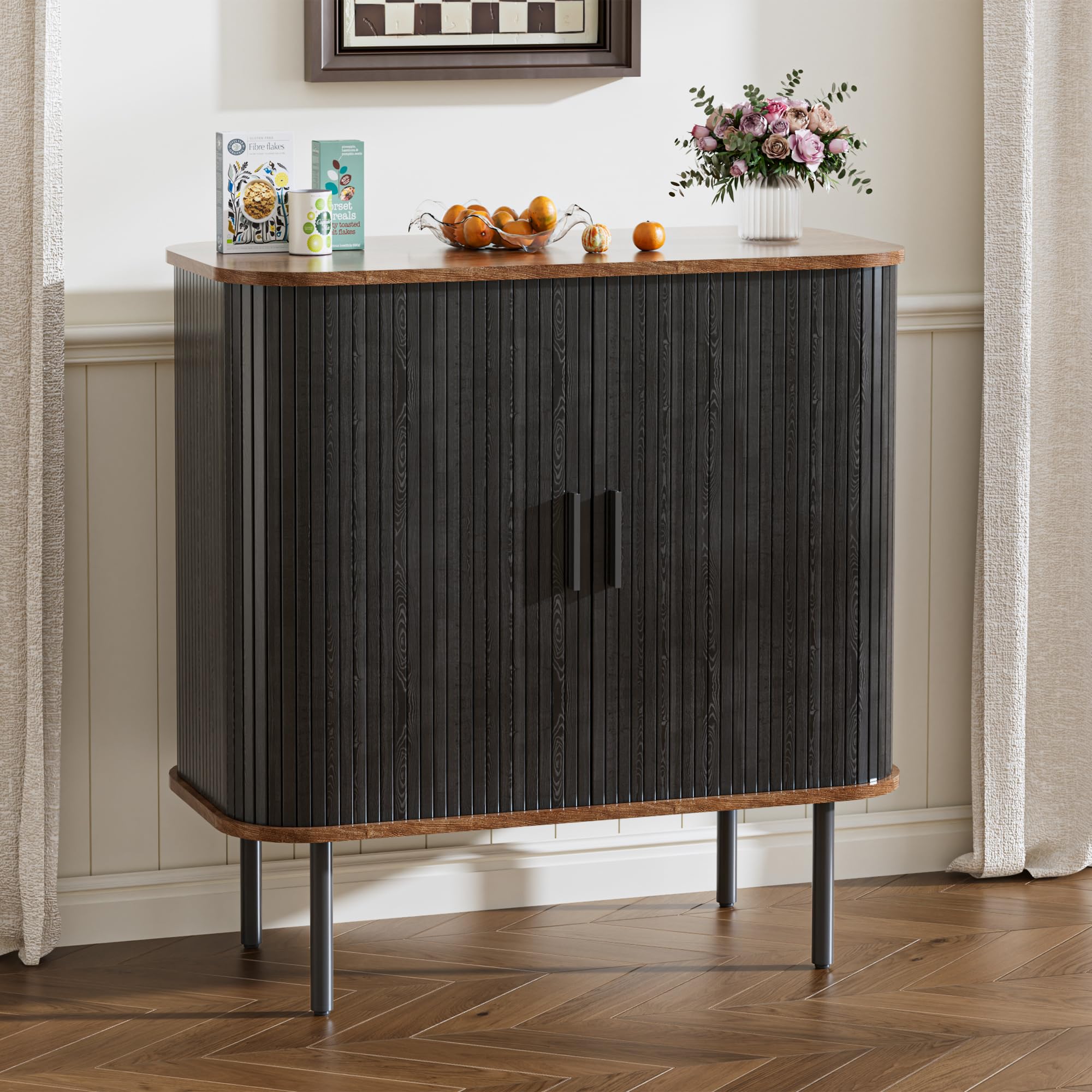BonVache Sideboard, Buffet Storage Cabinet for Living Room, Kitchen Cupboard with Tambour Sliding Door, Storage Unit for Modern Home Dinning Room,Black