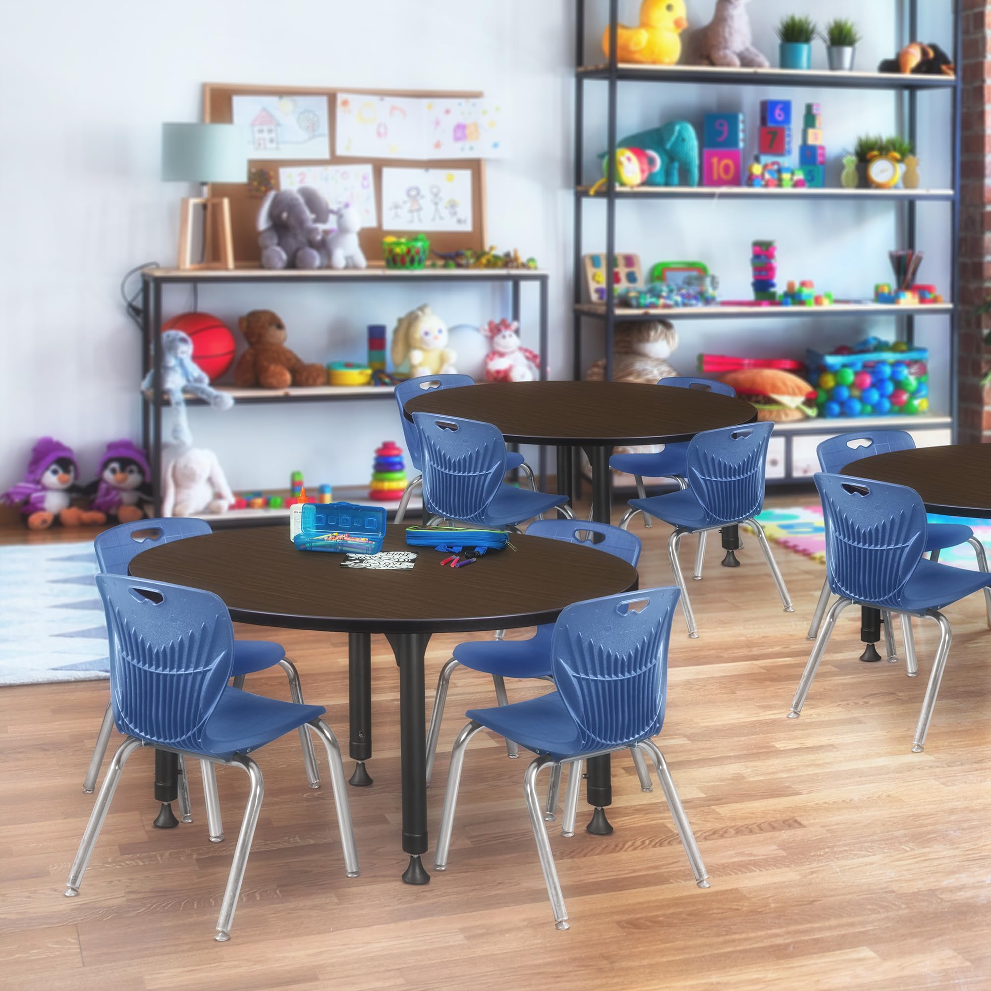 Regency Kee 48 in. Round Adjustable Classroom Table- Neo Walnut Top, Black Base & 4 Andy 12 in. Blue Stack Chairs