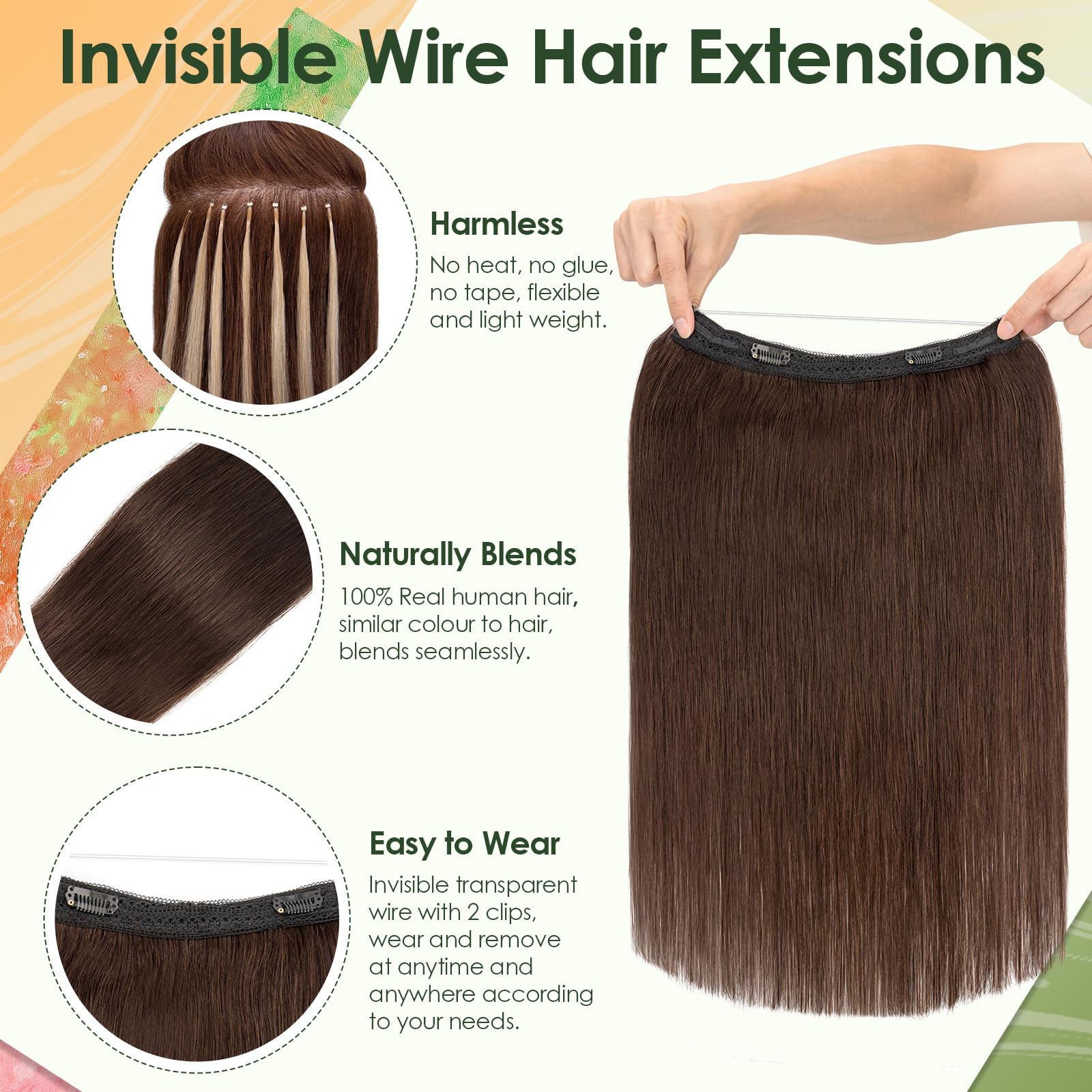 Benehair #2 Dark Brown Real Hair Secret Wire Extensions Remy Human Invisible Wire Hair Extensions with Clips Adjustable One Piece Straight 12 Inches (55g) - Image 2