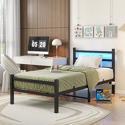 Base de cama individual con estación de carga y cabecera LED, listones de acero resistente que soportan marco de cama de metal, no necesita somier,