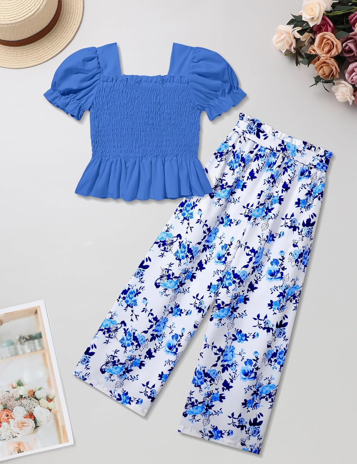 Girls Clothes Solid Color Square Collar Stretch Top and Wide Leg Pants Clothes for Teen Girls 6-14Y - Image 5