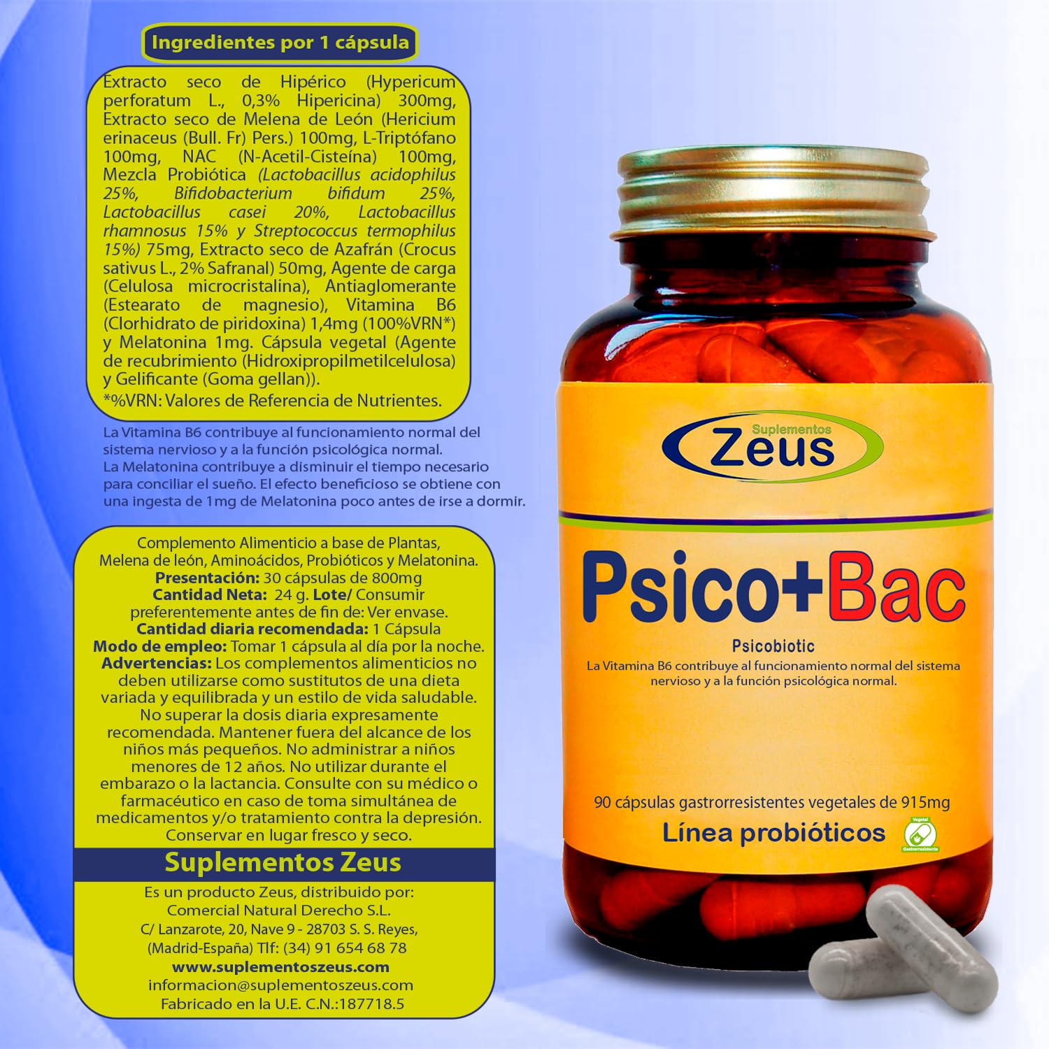 PSICO+BAC |omplemento Alimenticio a base de Plantas, Melena de León, Aminoácidos, Probióticos y Melatonina | 100% Vegano |90 CápS Veg