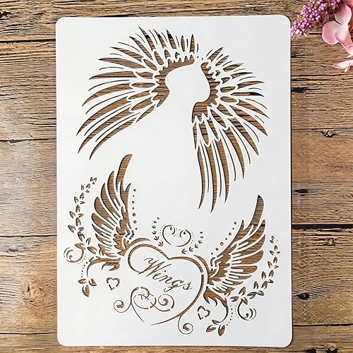TIAMECH Plantilla de alas reutilizables A4 para pintar, par de plantillas de capas de corazón de ala de ángel, arte de pared, muebles de madera,
