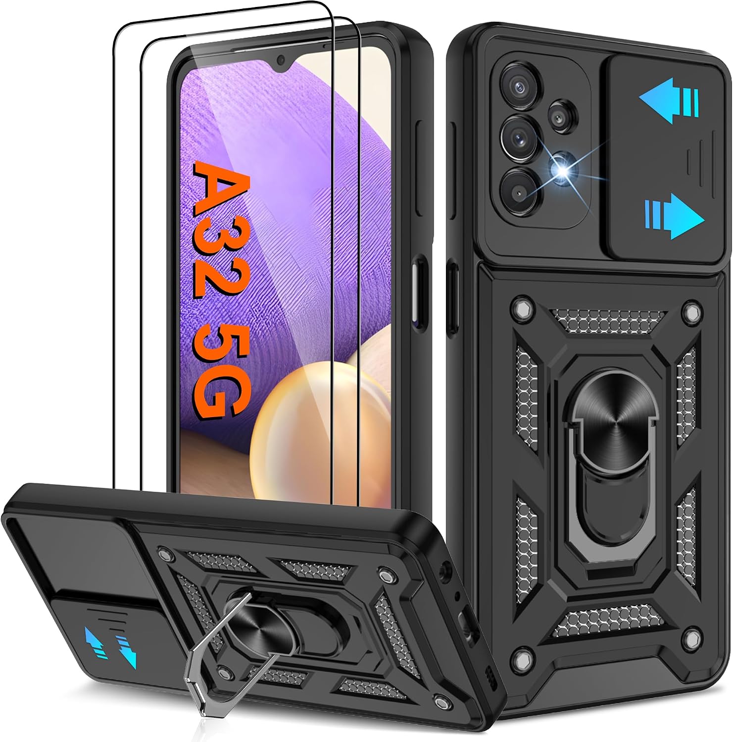 ATUMP for Galaxy A32-5G Phone Case with (2 Pcs) HD Screen Protector, Heavy Duty Shockproof with 360° Rotation Kickstand [Military Grade] Protective Case for Galaxy A32 5G, Black