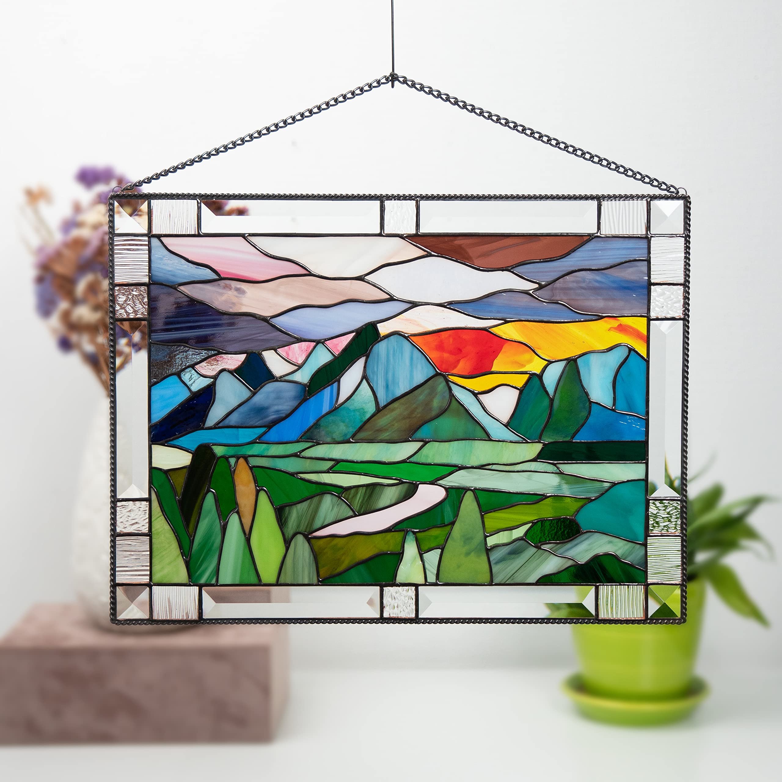 Grand Teton Park Stained Glass Window Hanging Panel Tiffany Glass Art Handicrafts for Home Decor Genuine Living Room Design Idea