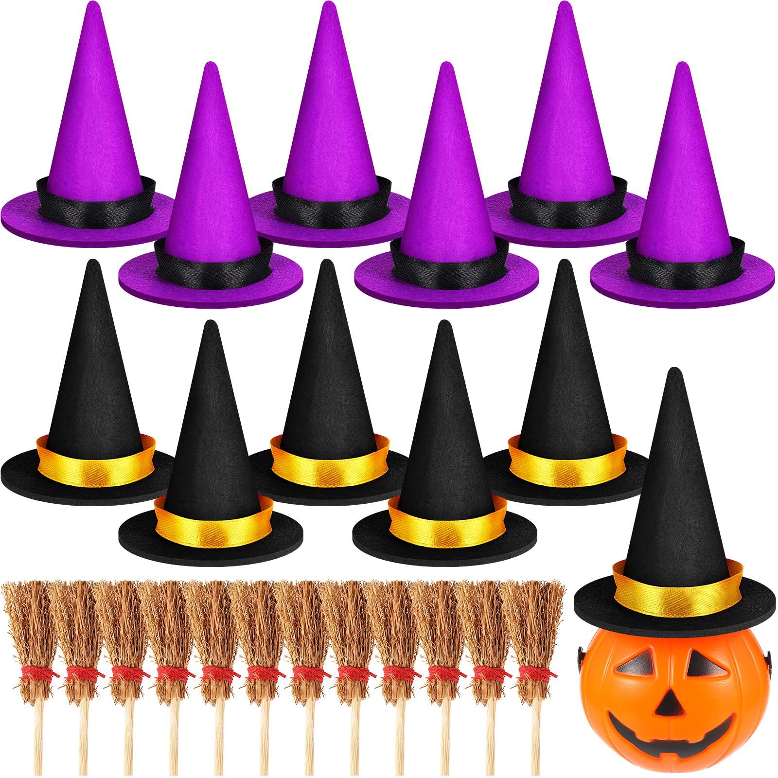 24 Pcs Mini Felt Witch Hats and Mini Witches Broom Handmade Halloween Wine Bottle Decor Halloween Decorations Witches Accessory for Halloween Wizard Theme Party Supplies