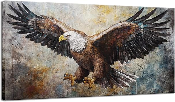 KLVOS Eagle Canvas Wall Art Vintage Flying Bald Eagle Pictures Motivational Animal Wildlife Canvas Prints Wall Decor Gallery Wraps Framed for Bedroom Living Room Office Decoration 24x48inch
