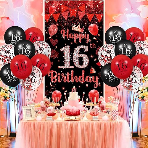 Miniatura 9 de Decoraciones de fiesta de cumpleaños número 18 para niñas y niños, globos rojos y negros, suministros de pancarta de feliz cumpleaños 18 y 18 globos