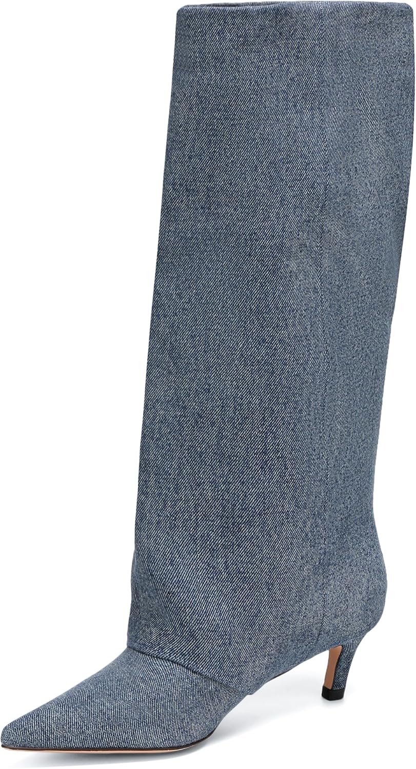 Brown Suede Knee High Boots for Women Comfortable Pull on Pointed Toe 2 Inch Kitten Heel Fold Over Boots. - Image 5