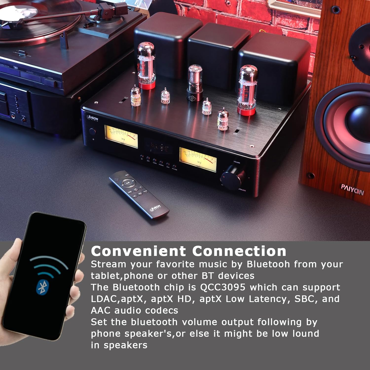 Juson Audio JTA200 300W EL34 Tube Amplifier HiFi High-End Class AB Hybrid Stereo Tube Amp with BT 5.4 & Remote Phono Coax AUX Opt PC-USB Input Headphone Subwoofer Output