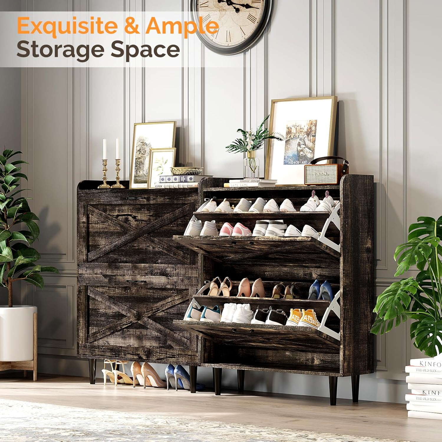 VINGLI Shoe Storage Cabinet for Entryway with 2 Flip Drawers, Ultra Slim Freestanding Entryway Shoe Organizer with Wood Tapered Legs,Hidden Closed Shoe Rack,31.6"W * 9.4"D * 39.4"H, Dark Rustic Oak