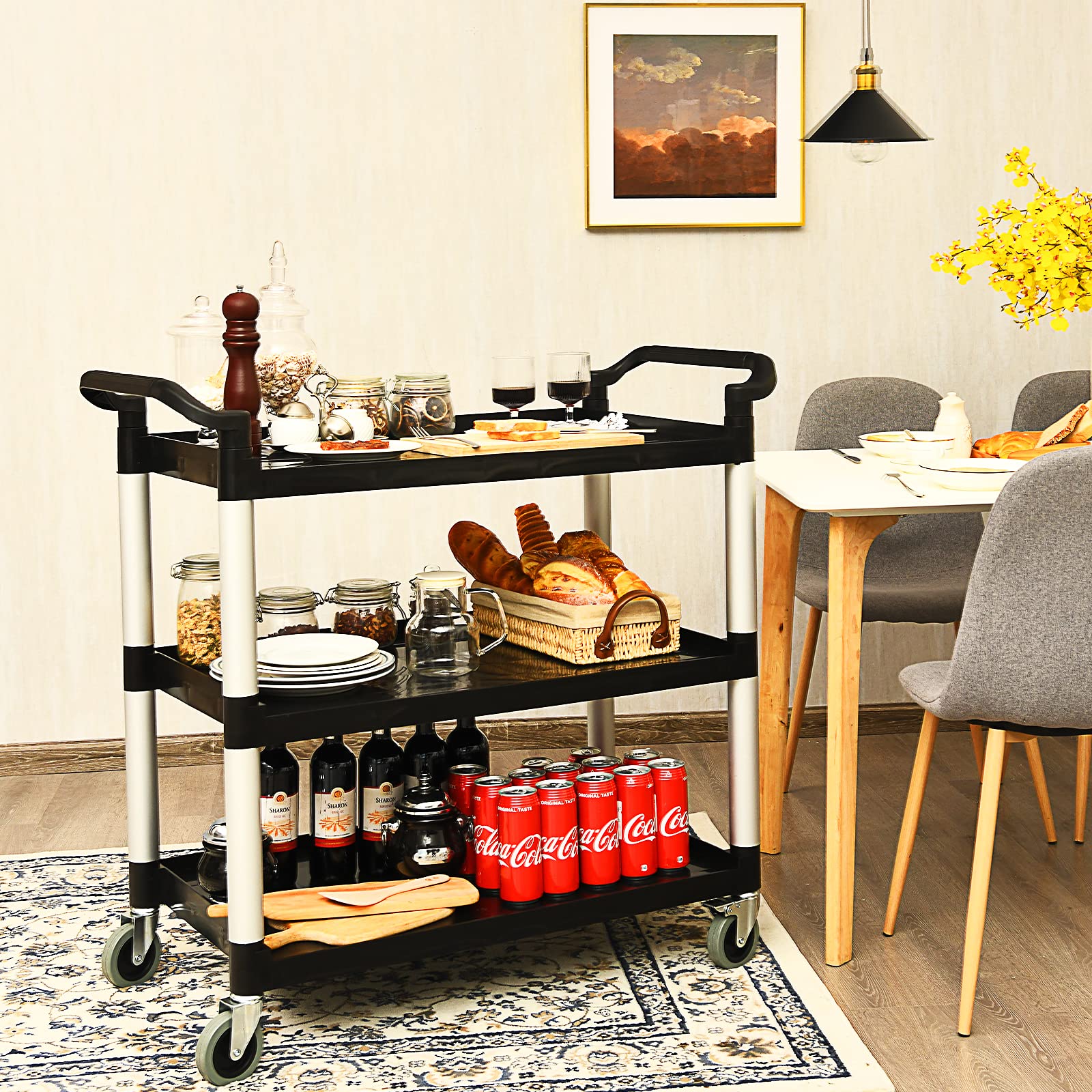 COSTWAY Carrello di Servizio a 3 Ripiani, Carrello Multiuso con Maniglie Ampio Spazio e Ruote Flessibili con Freni, Adatto a Ufficio Ristorante Casa Officina, 103x49x98 cm