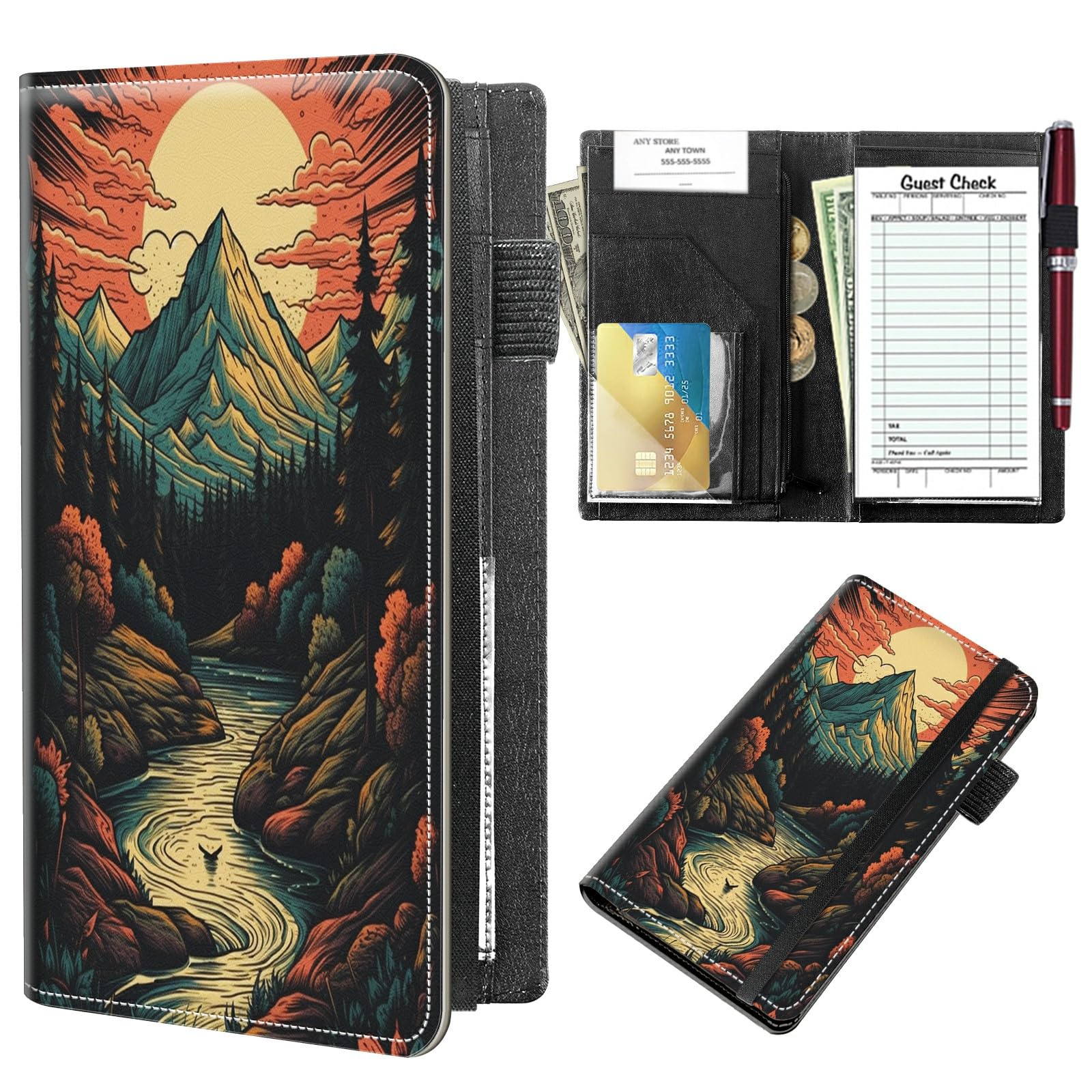 BFSEROBJ Server Books for Waitress 5 x 9 inch Black Server Book with Zipper Pocket and Elastic Band Closure 11 Pockets Design Cute Waitress Book