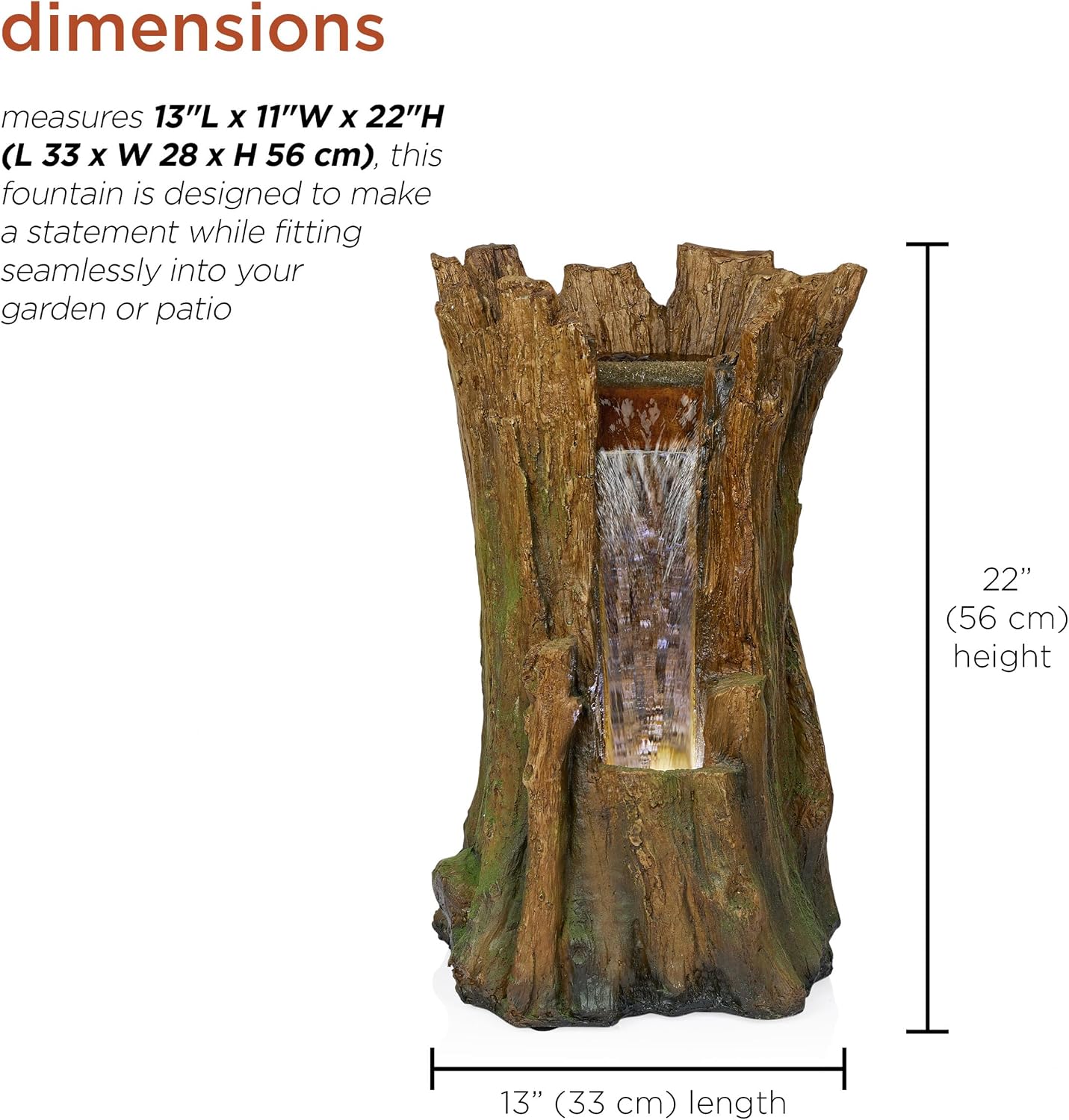 Alpine Corporation TZL294 Outdoor Tree Trunk Floor Fountain with Cool White LED Lights, Tiered Garden Decor, 22" H, Brown image 3