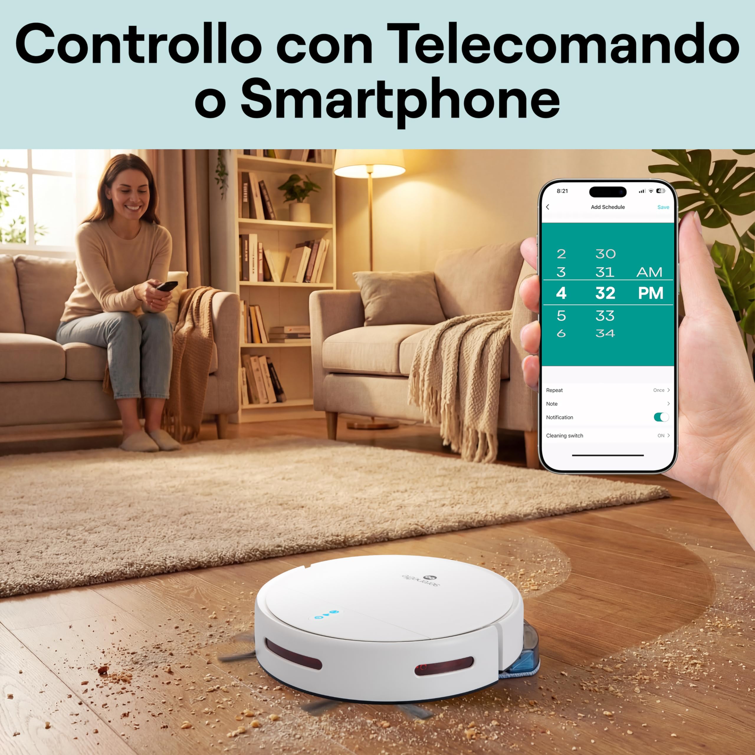 SereneLife Robottino Aspira e Lava Pavimenti, Robot Aspirapolvere con Controllo App, 3 Modalita, Sensori Anti-Caduta, Auto-Ricarica, per Pelo Animali e Pavimenti Duri, Casa, Ufficio, Bianco