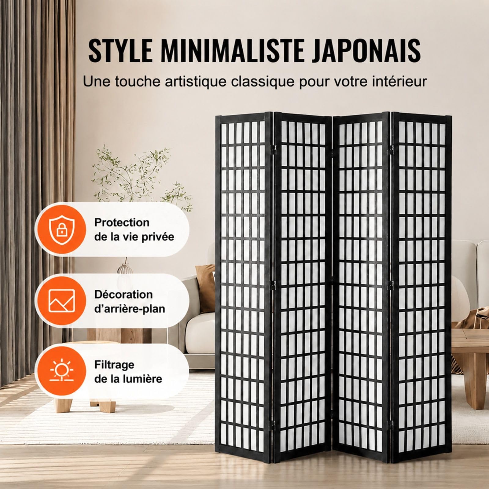 Paravent Japonais à 4 Panneaux en Bois, séparateur de pièce Pliable pour Salon, Chambre et Bureau