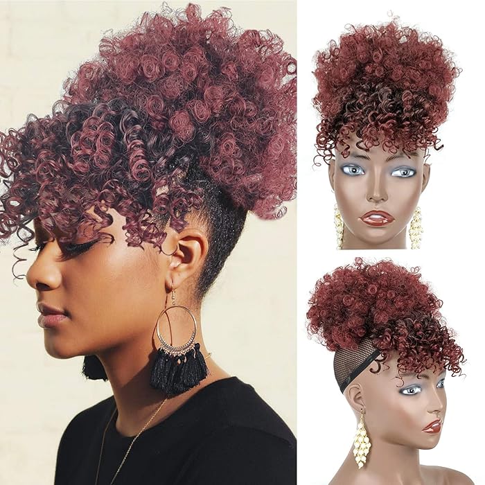 Buy Afro Puff Drawstring Ponytail With Bangs Burgundy Red Afro Curly