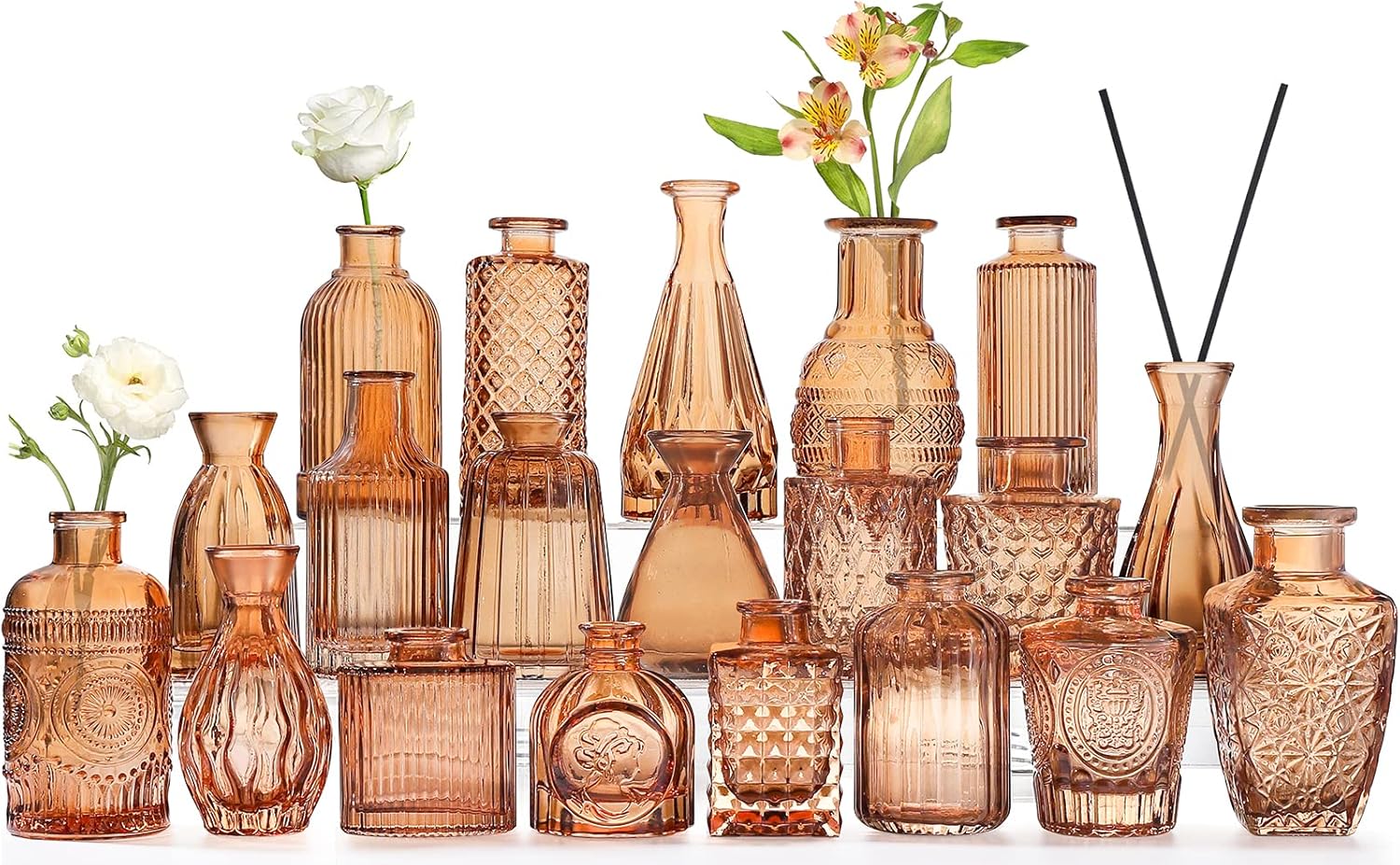 Amber Glass Bud Vases Set of 20 for Flowers, Small Amber
