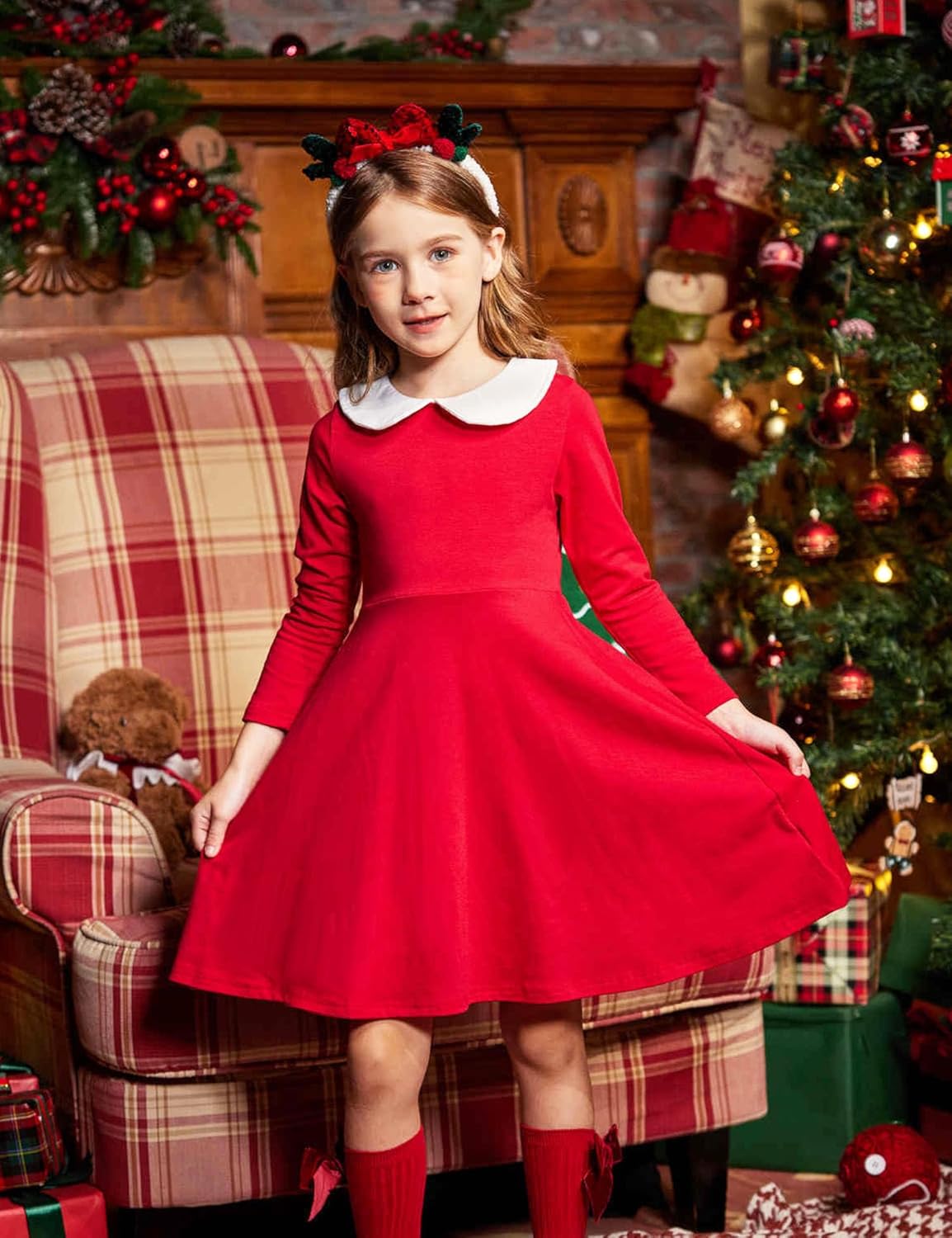 Arshiner Girls Long Sleeve Dress Casual Vintage Peter Pan Collar Swing Party Dress Age 3-14 Years - Image 8