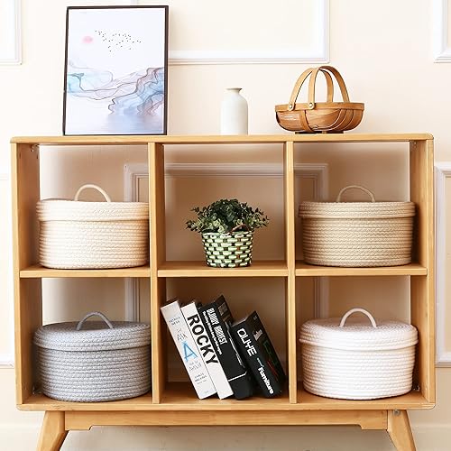 Miniatura 6 de Sea Team Cesta de almacenamiento redonda de cuerda de algodón con tapa, contenedor de almacenamiento tejido con tapa, contenedor de almacenamiento