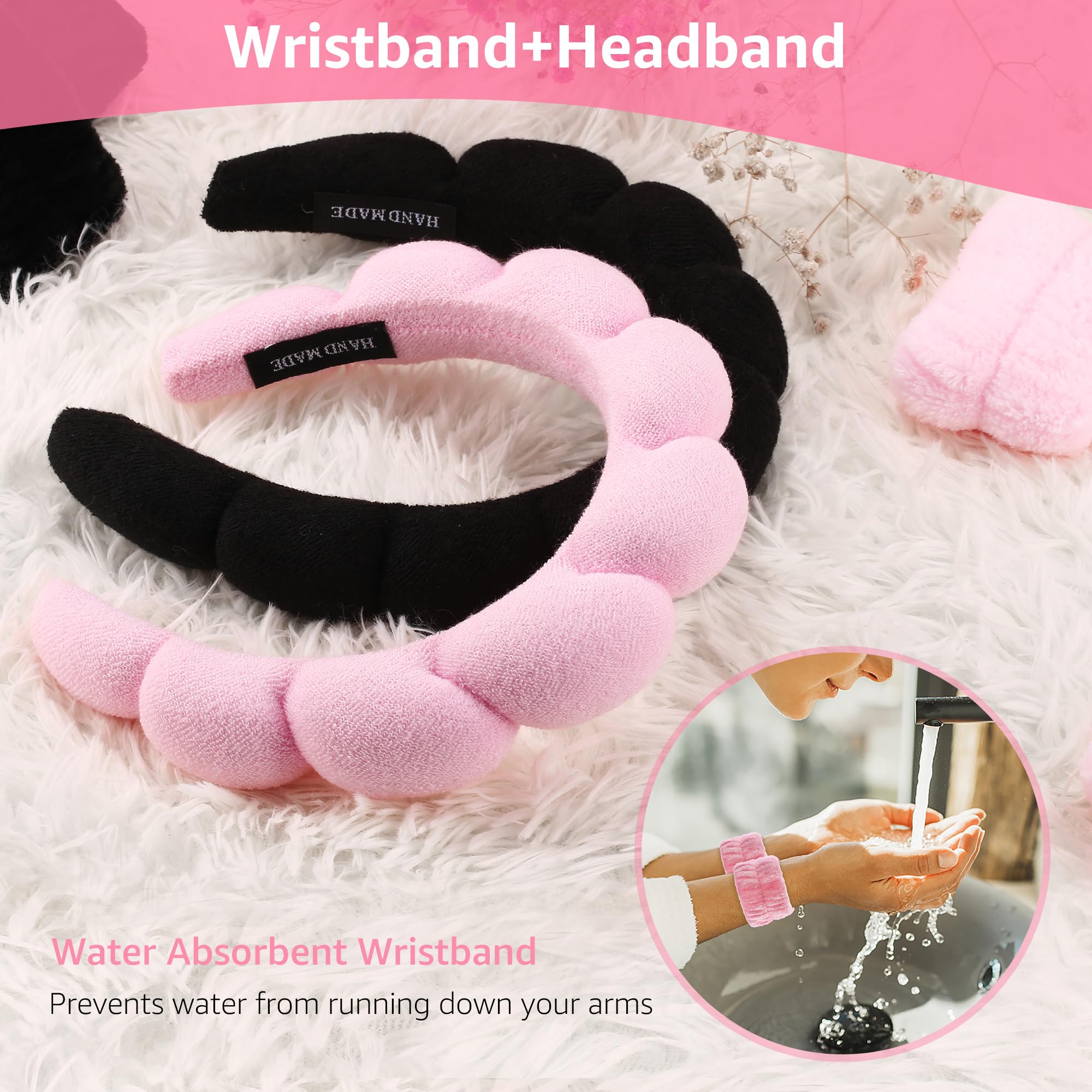 Set Cura Pelle In Spugna Rosa: Fascia Per Capelli E Bracciali Assorbenti, Per Trucco E Trattamenti Viso - 3