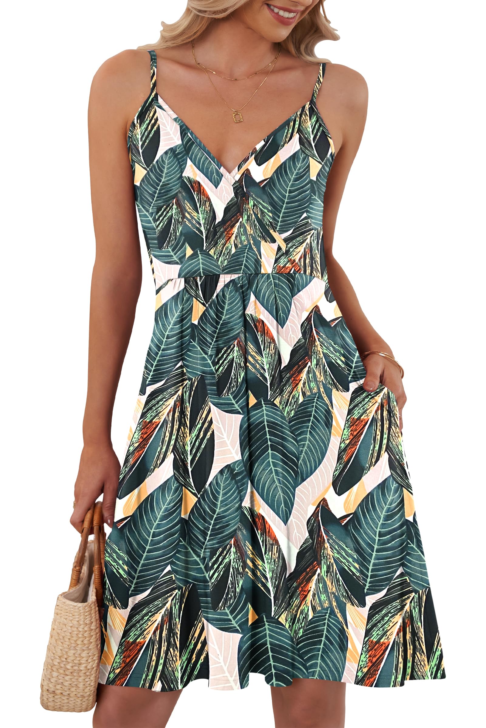 AUSELILY Summer Dresses for Women UK V Neck Spaghetti Strap Casual Dress Beach with Pockets Leaf Print XL
