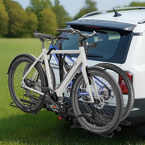 Miniatura 5 de Portabicicletas de alta resistencia para 2 bicicletas, soporte plegable de 80 libras de capacidad, soporte de acero anti-inclinación con cerradura,