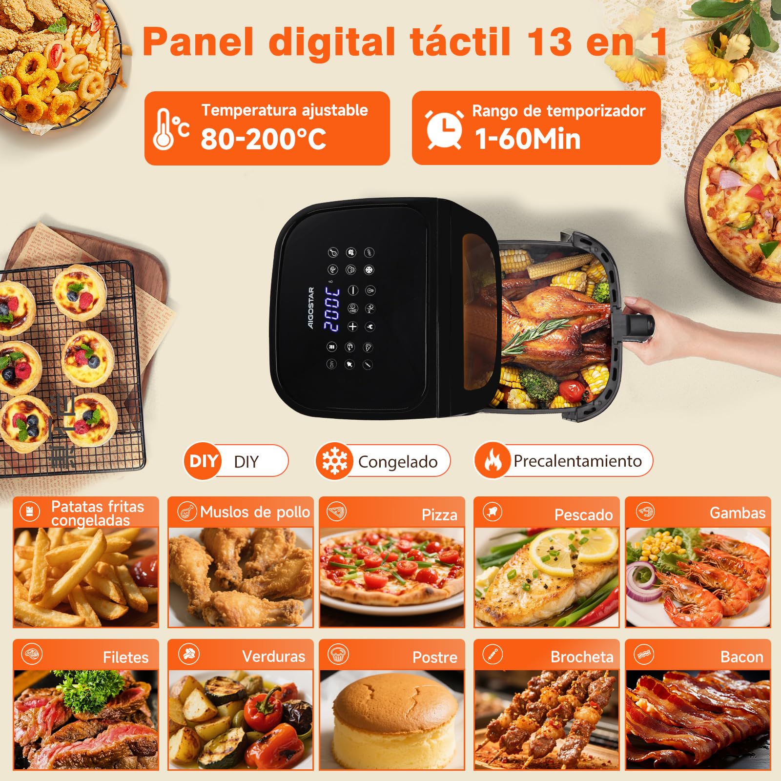Aigostar Freidora de Aire XXL 8.8L Air Fryer 2200W, Doble Resistencia, 55% Menos Energía, Air Fryer con 13 Programas, Acero Inox Interior, Pantalla Táctil y Ventana, Comunidad Recetas, Negro