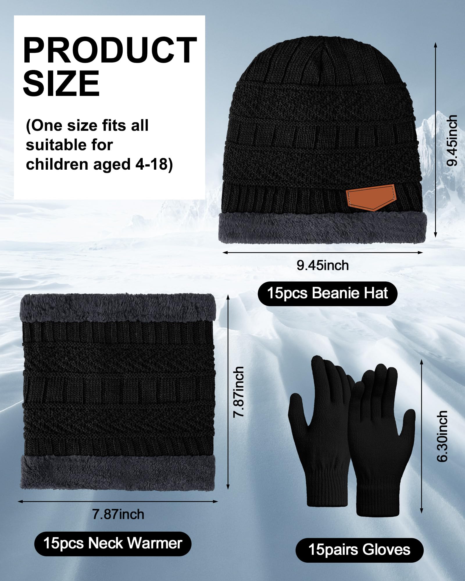 Toulite Ensemble de 45 pièces pour enfants avec bonnet, gants et écharpes, doublure en polaire chaude, bonnet, moufles et cache-cou pour garçons et filles