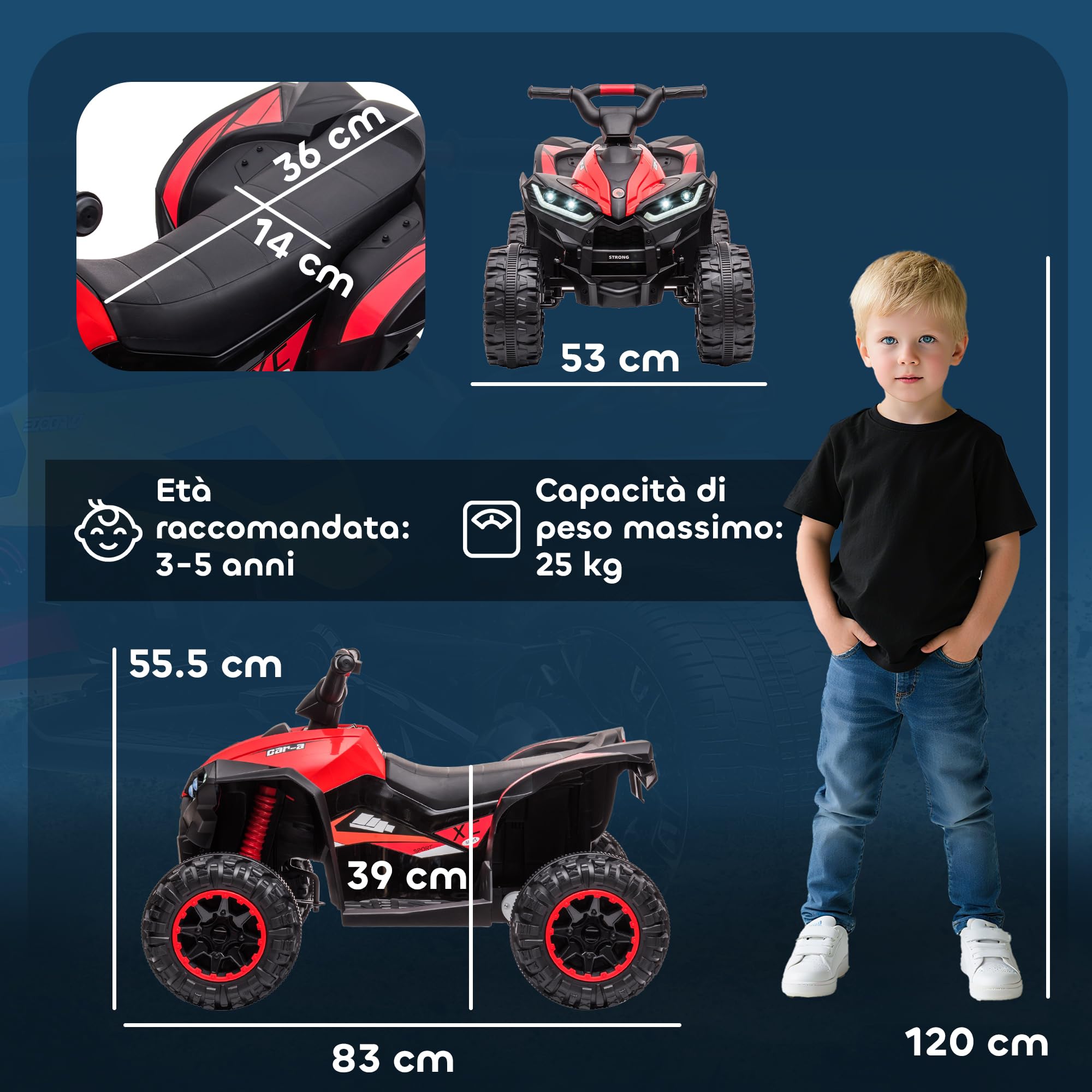 HOMCOM Quad Elettrico per Bambini 12V ATV, Macchina Elettrica con Doppio Motore e 2 Velocità, Ruote Larghe con Fari LED, Clacson e Musica, Età 3-5 Anni, Rosso