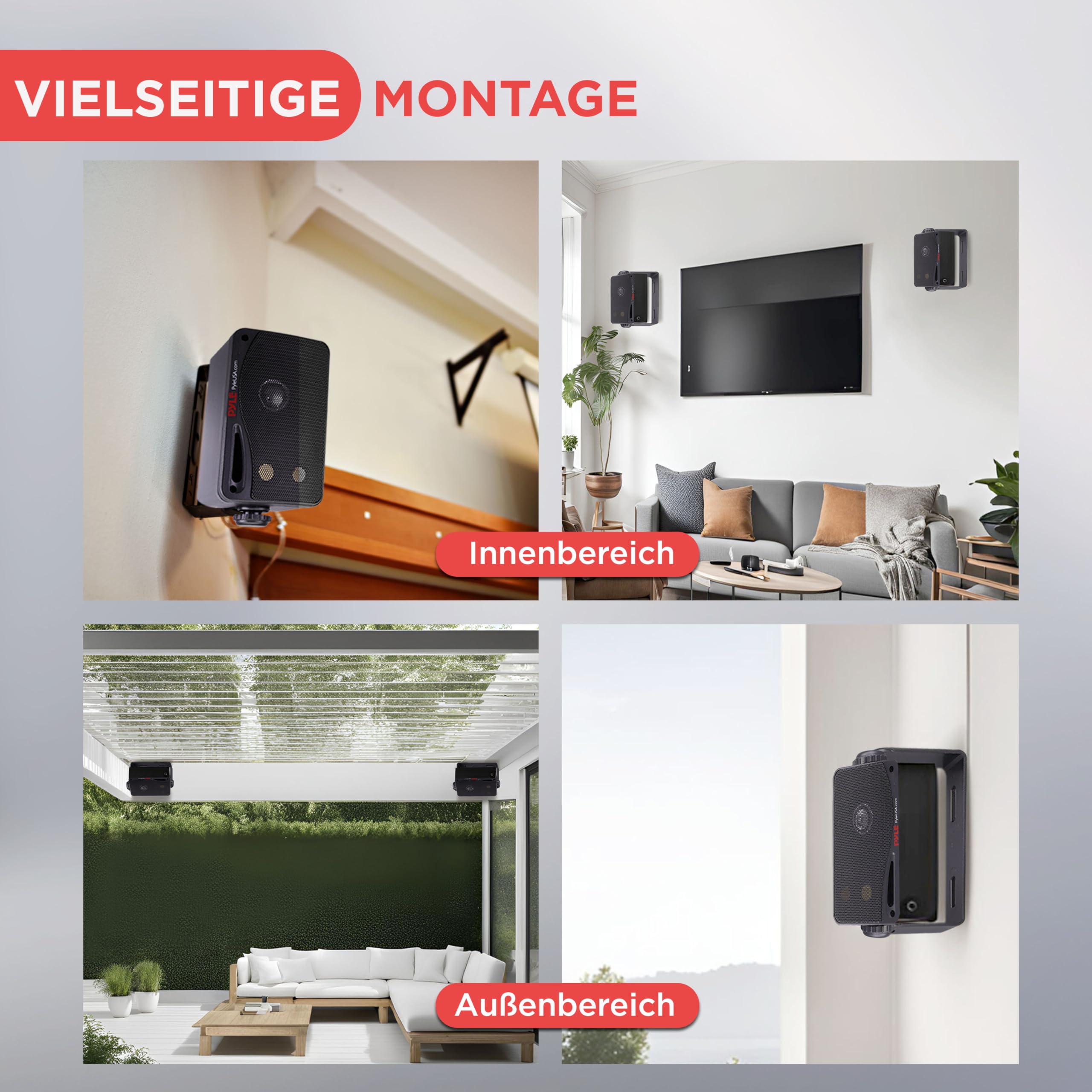 Pyle 3,5" Outdoor Lautsprecher Bluetooth 200W – 3-Wege Stereo-Boxen für Innen & Außen – Aufbaulautsprecher Wasserfest für Terrasse, Garage, Pool & Wohnbereich inkl. Wandhalterung & Netzteil