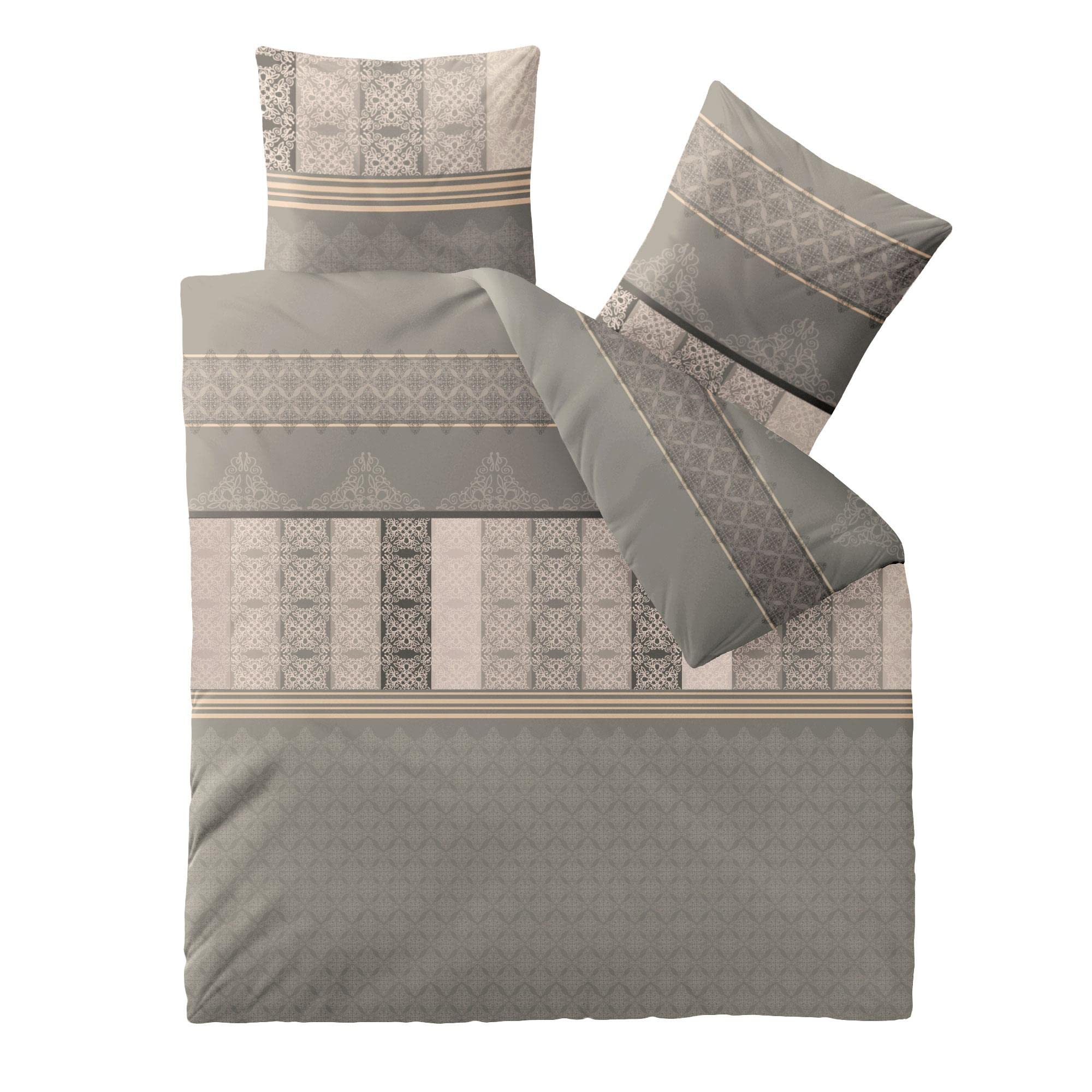 CelinaTex Fashion Bettwäsche 200x220 cm 3teilig Baumwolle, Bettgarnitur für Sommer und Winter, Ganzjährig, Bettbezug, Bettenset, Schöner Wohnen Samantha Streifen Ornamente Grau Beige Schwarz